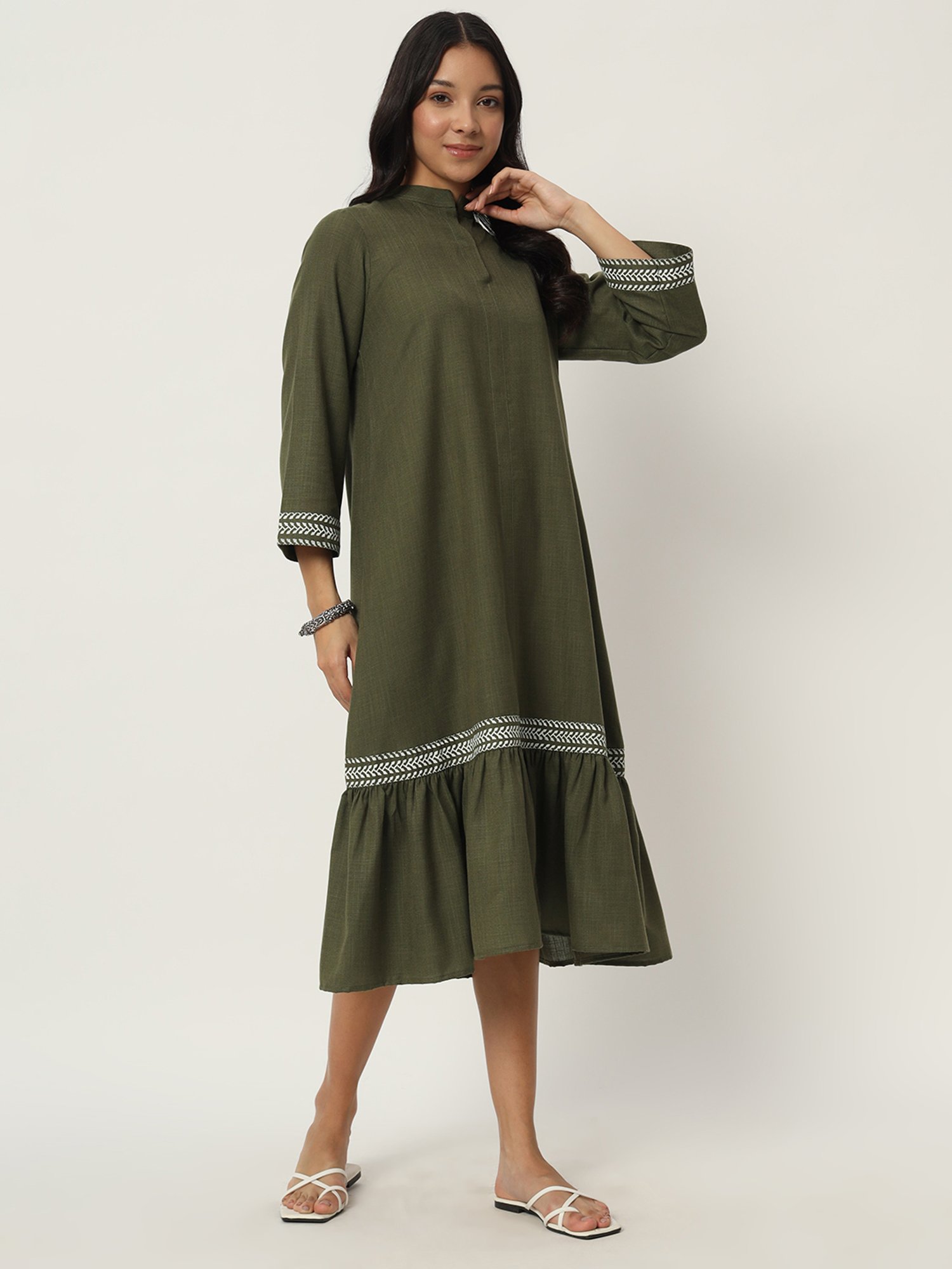 9rasa Olive Cotton Printed Ethnic Dress
