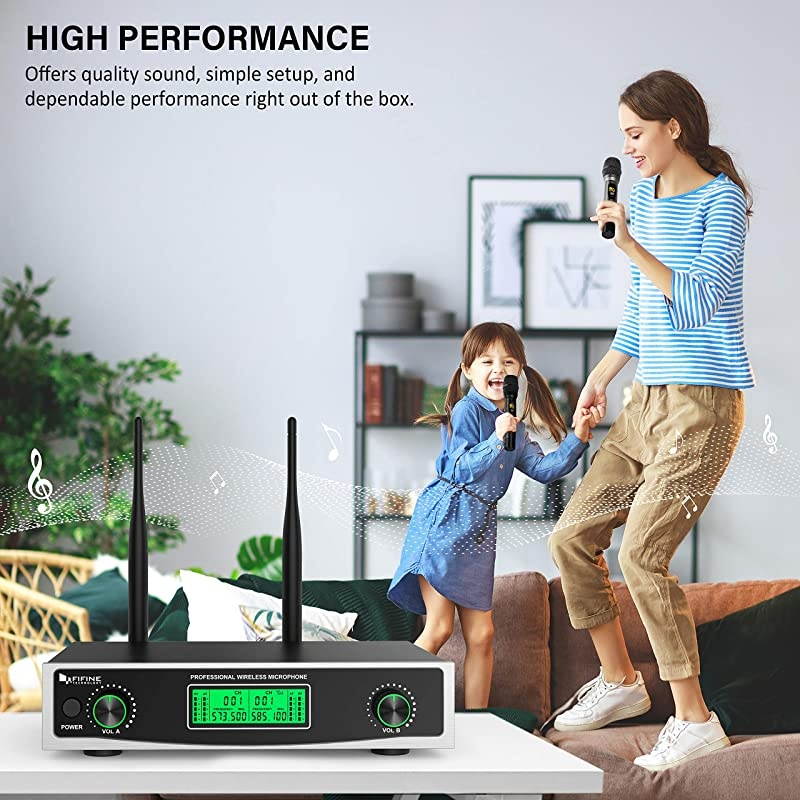 Microphone SystemFifine Two Handheld Dynamic Cordless Mic and Dual Channel Receiver 50 Selectable UHF Frequency for Karaoke Singing PartyChurchDJWeddingSchool PresentationK040
