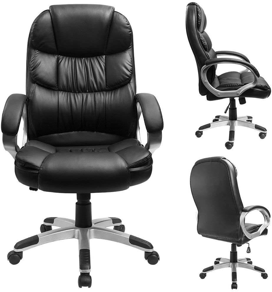 Furmax High Back Office Chair Adjustable Ergonomic Desk Chair with Padded Armrests, Executive PU Leather Swivel Task Chair with Lumbar Support (Black)