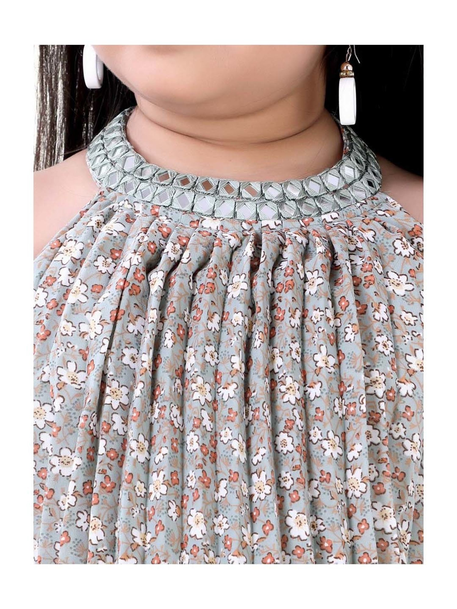 poplins Kids Green Cotton Floral Print Dress