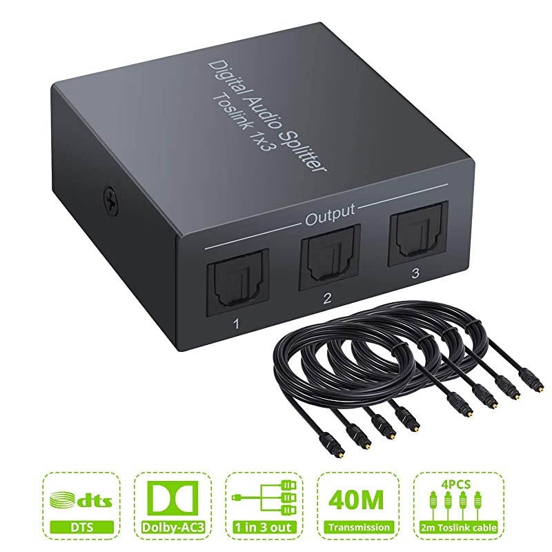 3 Port Toslink Splitter with 4pcs 6ft Optical Cable Digital Optical Audio Splitter Aluminum Alloy SPDIF Toslink Fiber Audio Splitter 1 in 3 Out Support DolbyAC3 DTS for PS3 DVD HDTV