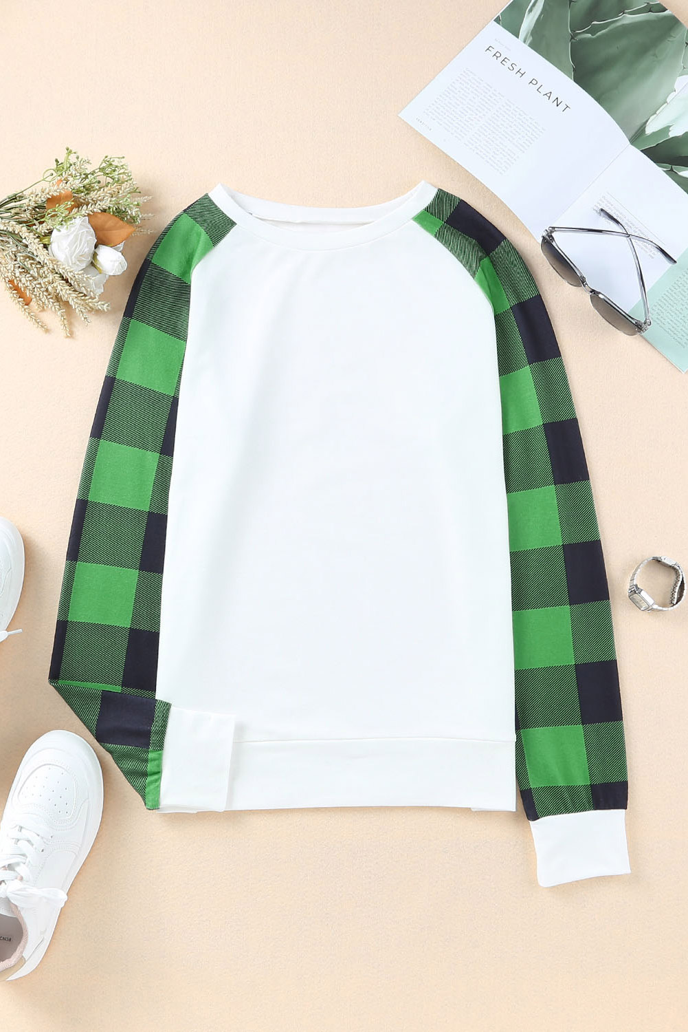 Blank Sweatshirt - Green Casual Buffalo Plaid Raglan Sleeve Top Customized