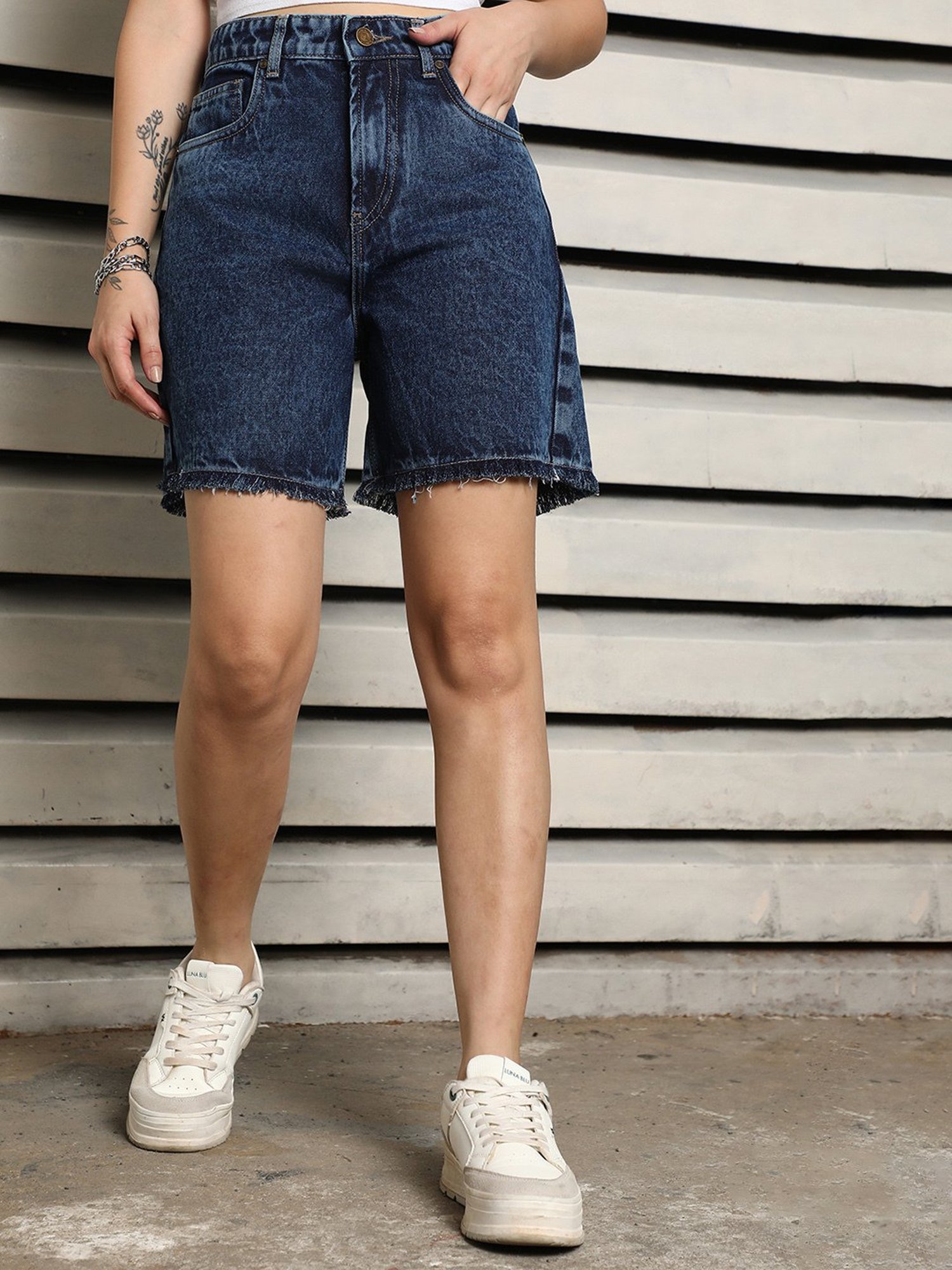 High Star Blue Cotton Regular Fit Shorts