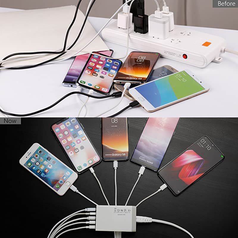 Wall Charger with 5 Port 40W 8A Compatible for Tablet, Phone X Plus 8 Pro, Cell Devices Product, Android Phone and All Port Devices, Desktop Charging Stations for Multiple Devices