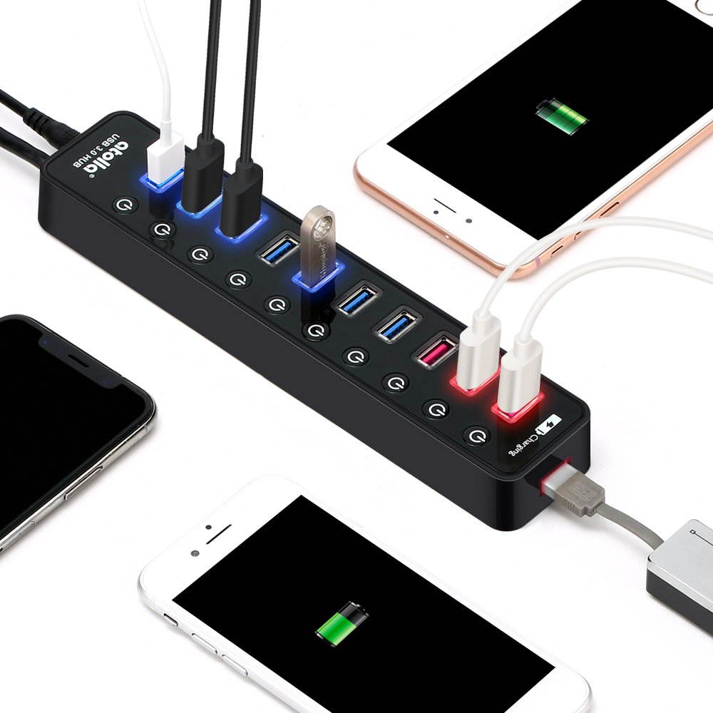 USB 3.0 Hub, atolla 4 Ports Super Speed USB 3 Hub Splitter with On Off Switch with 1 USB Charging Port (Cable Length 2 Feet, No AC Adapter) (4-Port hub)