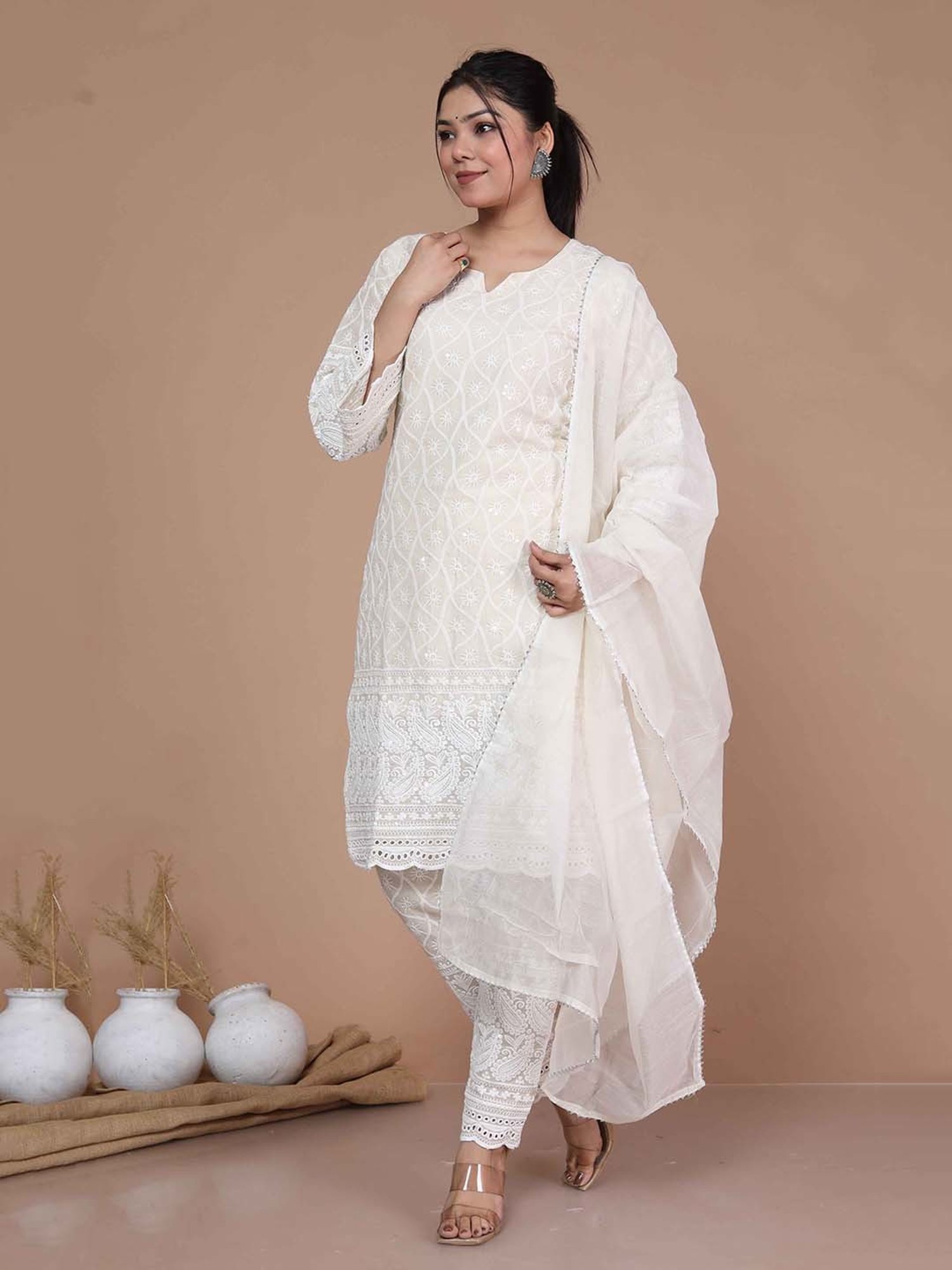 Miravan Beige Embroidered Kurta With Palazzo & Dupatta