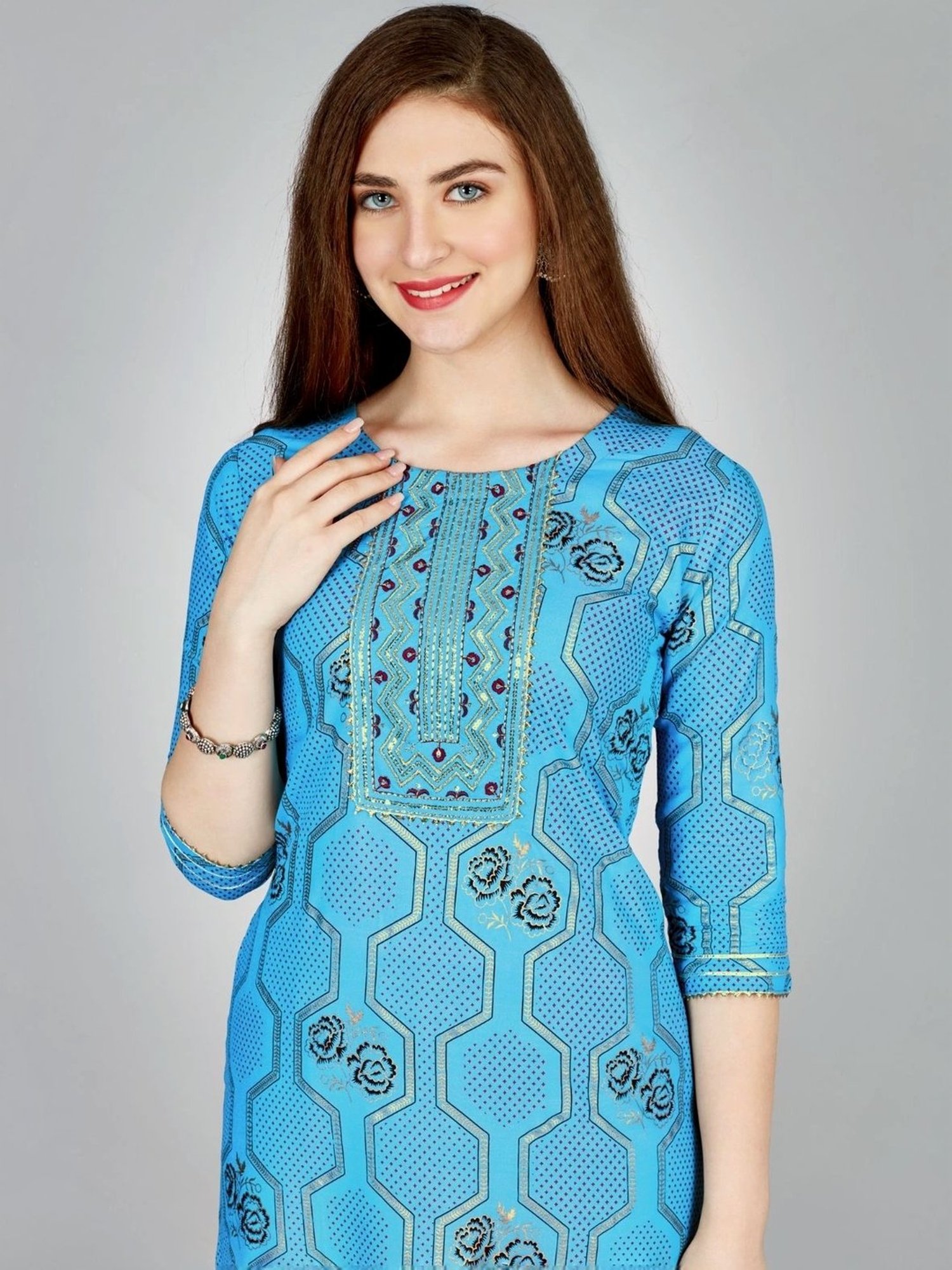 Odette Blue Printed Kurta Pant Set
