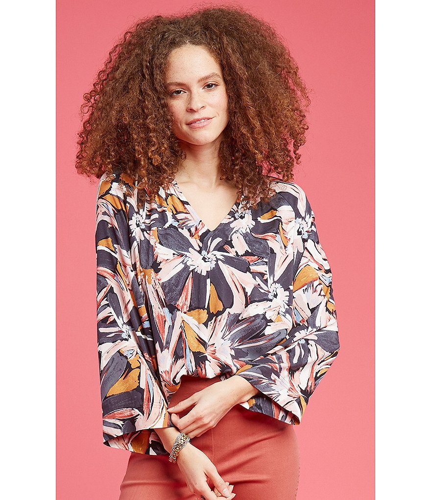 NIC + ZOE Artistic Floral Print Long Sleeve Split V-Neck Side Slit Zenergized Live In Top