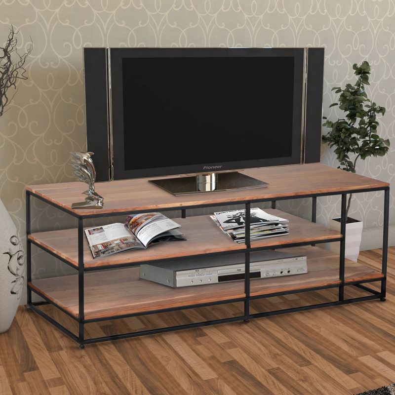 3 Tier Metal Framed Entertainment Unit with Wooden Shelves Brown/Dark Gray - The Urban Port