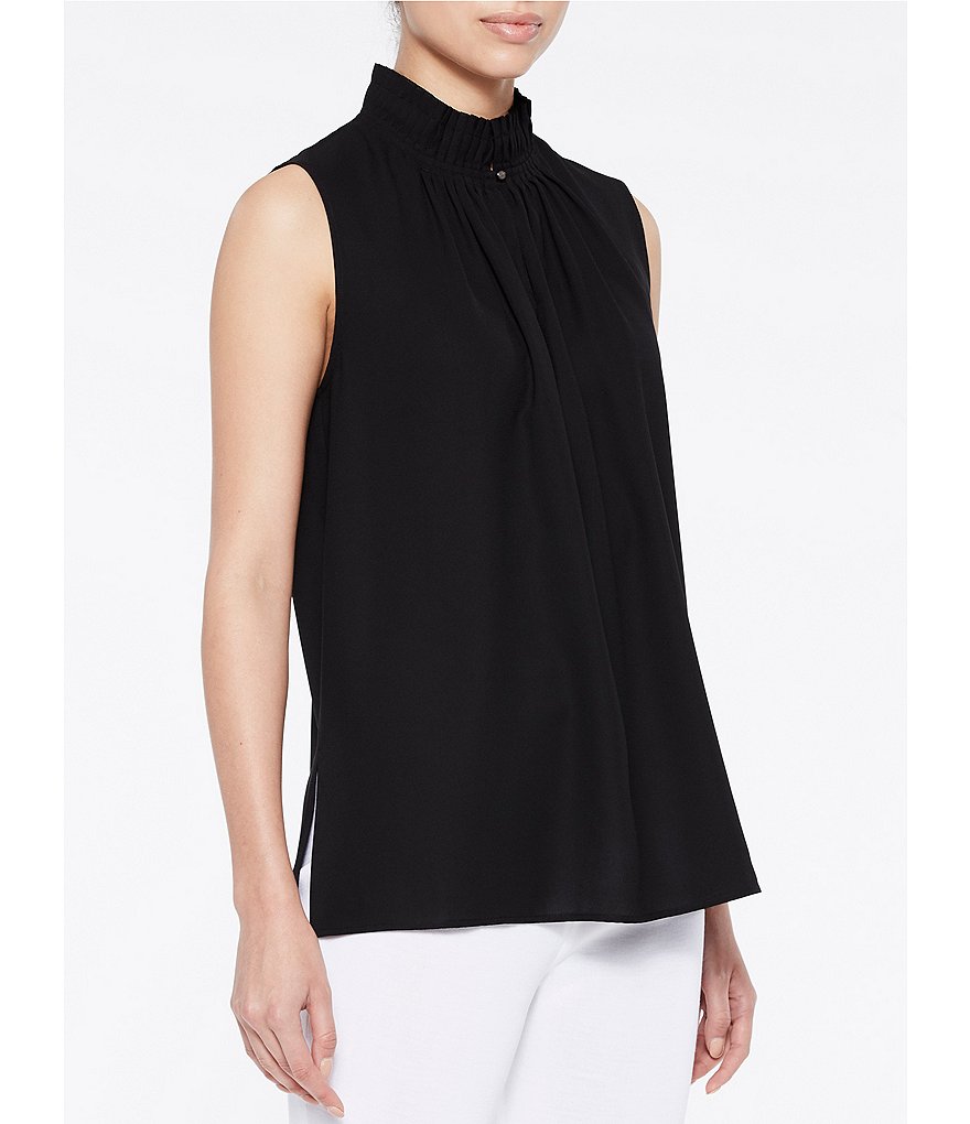 Ming Wang Crepe de Chine Pleated Split Mock Neck Sleeveless Blouse
