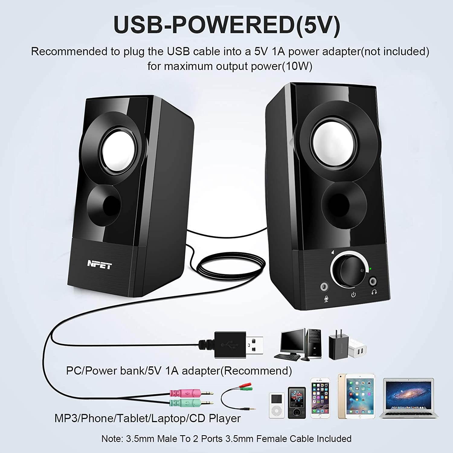 Computer Speakers, 2.0 Channel USB Powered Multimedia Speakers with Enhanced Stereo Bass and Easy-Access Volume Control Wired Desktop Speakers for PC Laptop Tablet Smartphones MP4 MP3