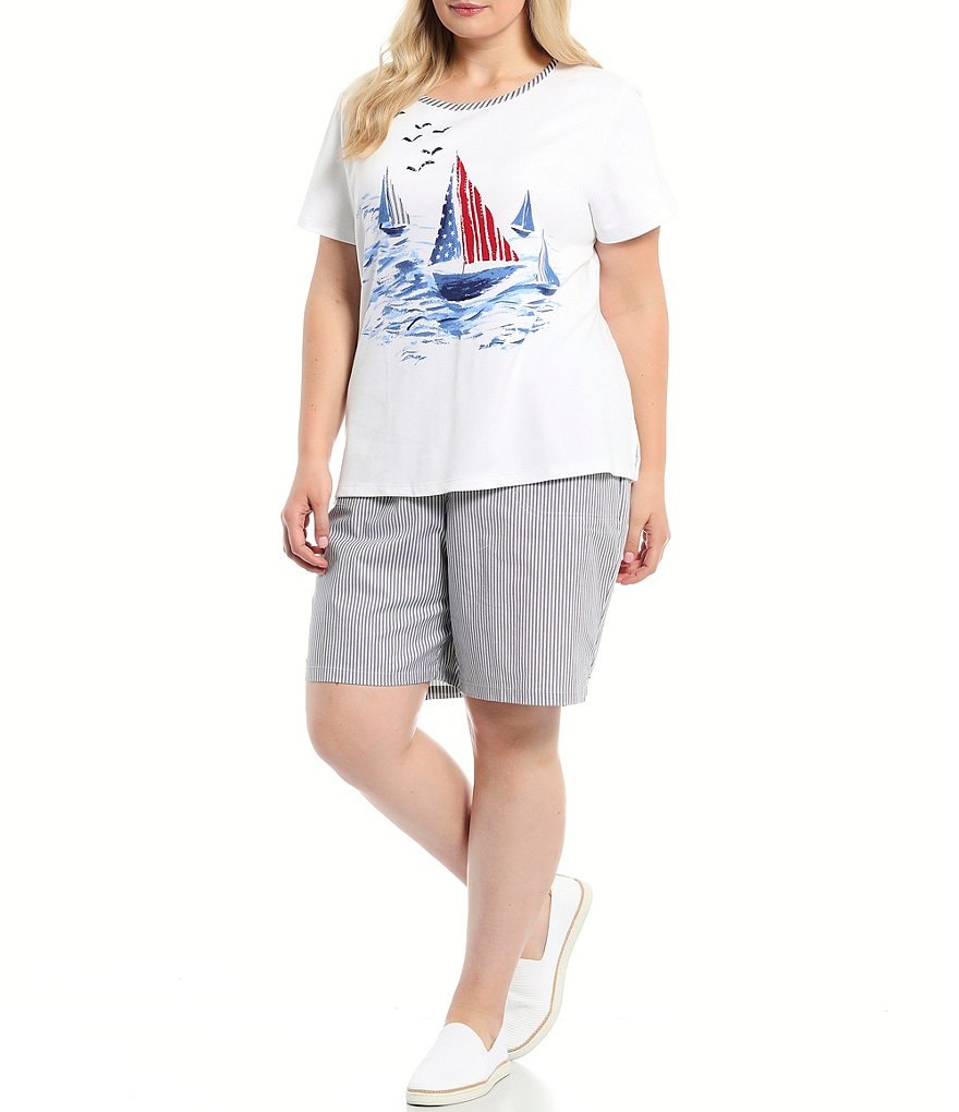 Allison Daley Plus Size Ticking Stripe Print Pull-On Shorts