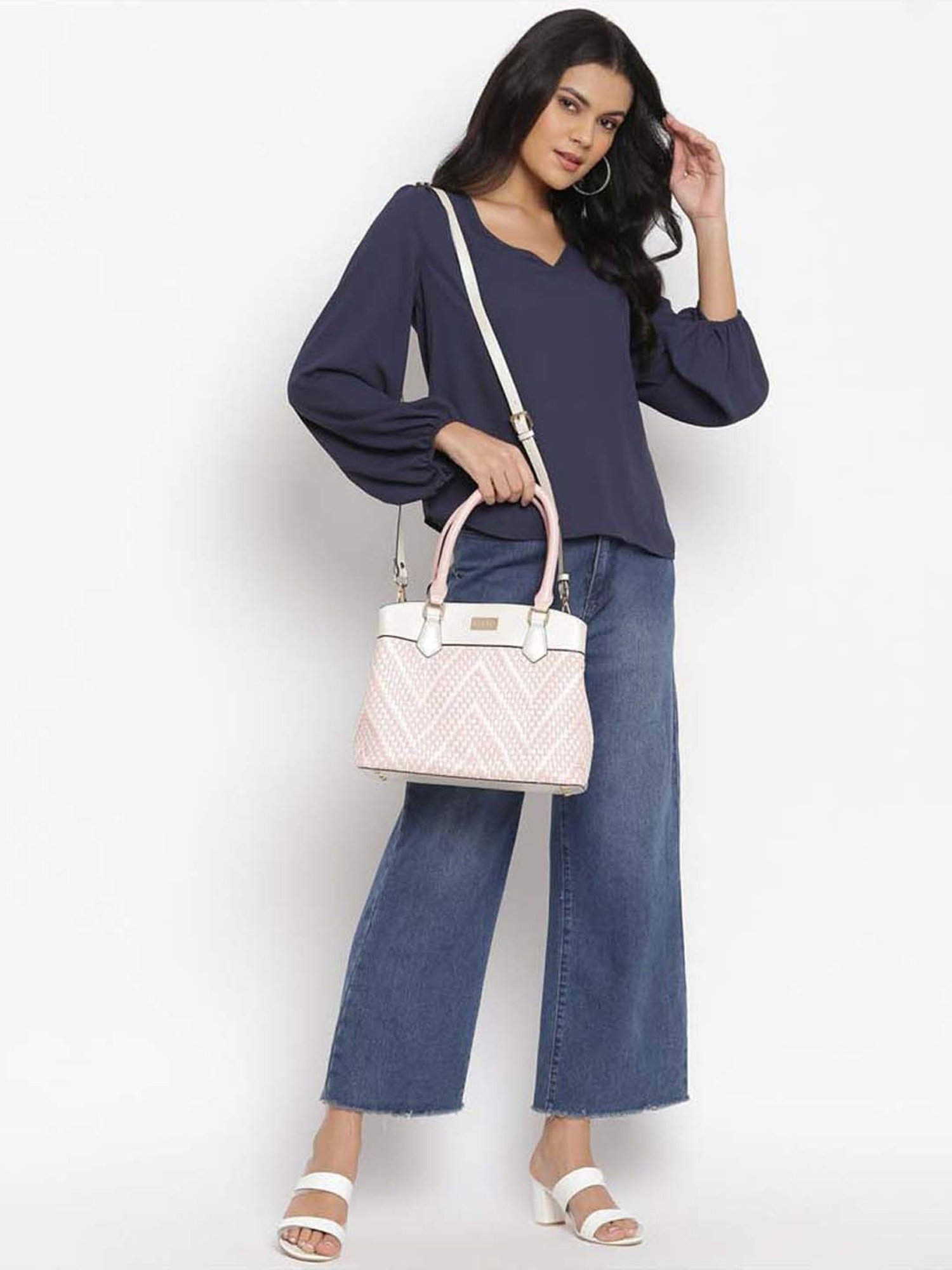 KLEIO Pink & White Textured Medium Handbag