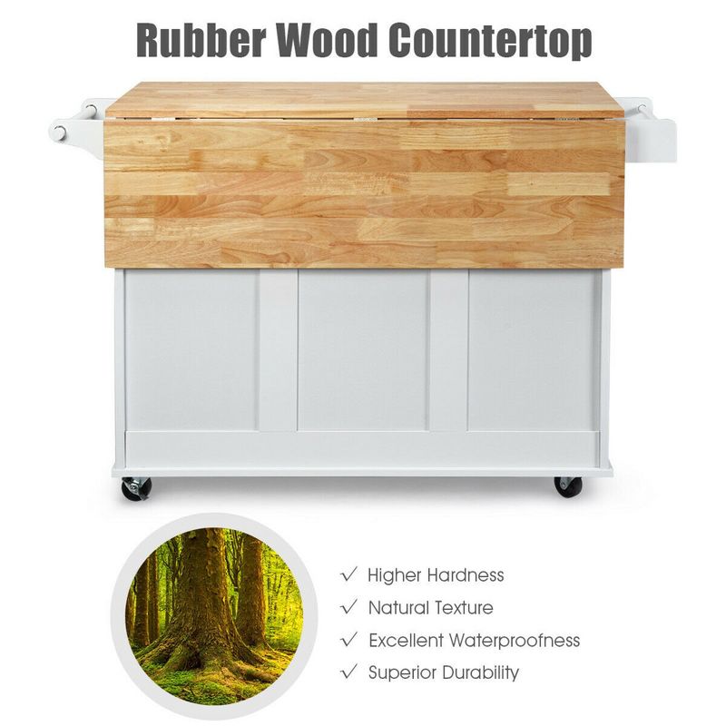 Costway Drop-Leaf Kitchen Island Trolley Cart Wood Storage Cabinet w/ Spice Rack White