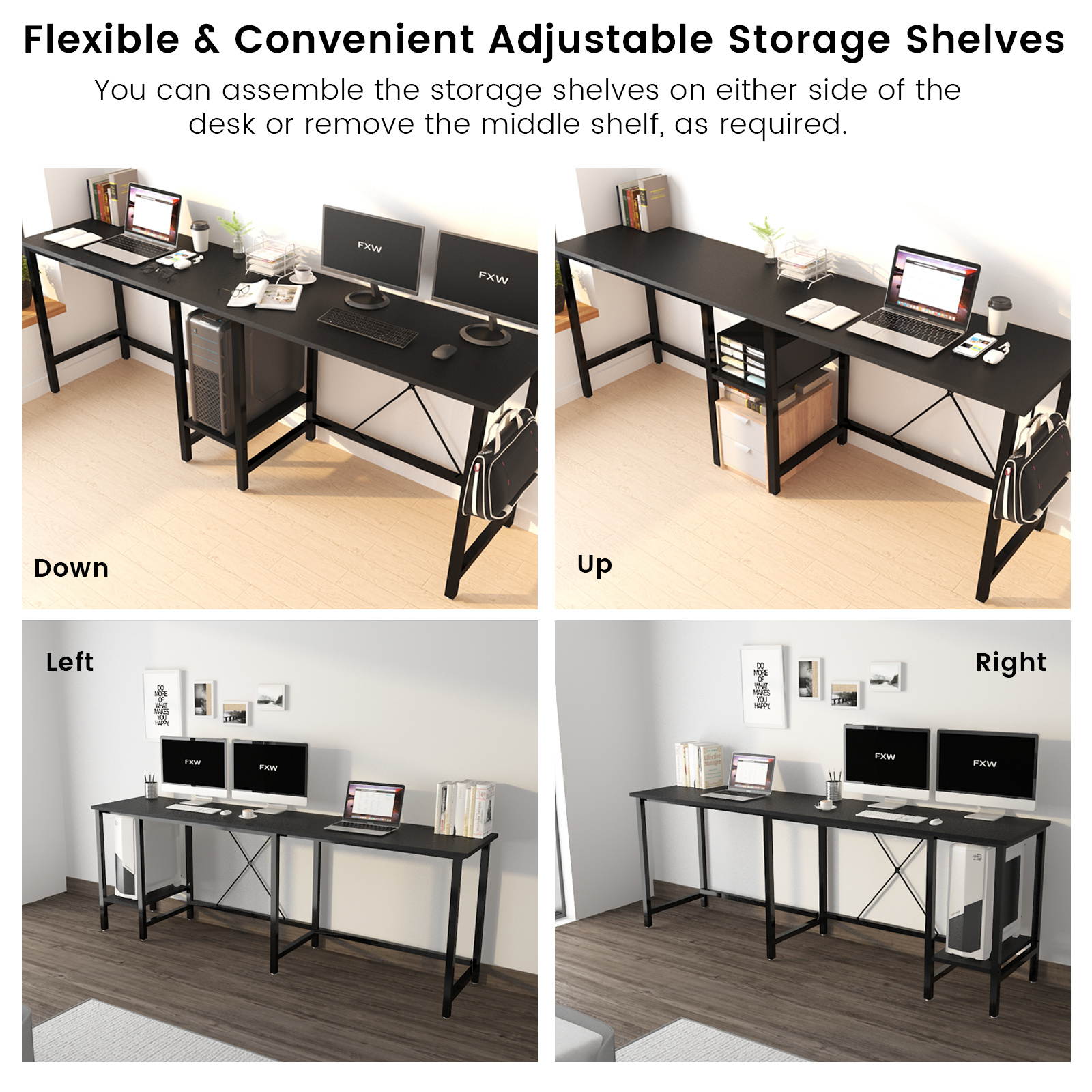 Greatlizard L-Shaped Computer Desk, 55-Inch Corner Desk for Home Office Writing Study Workstation Table with Storage Shelf, Adjustable 2 Person Long Desk PC Laptop Table for Space Saving