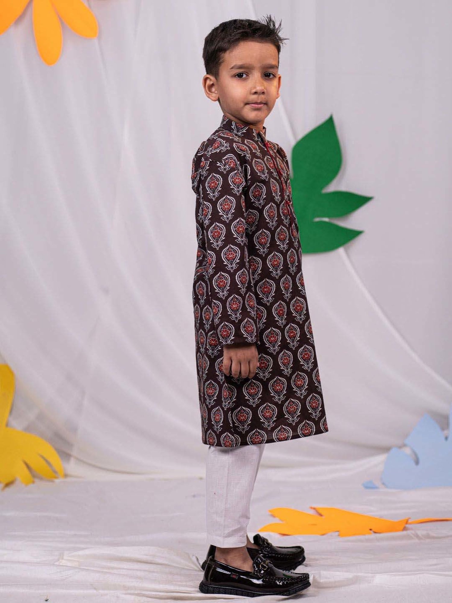 VASTRAMAY Boys Coffee & White Cotton Printed Full Sleeves Kurta Sets
