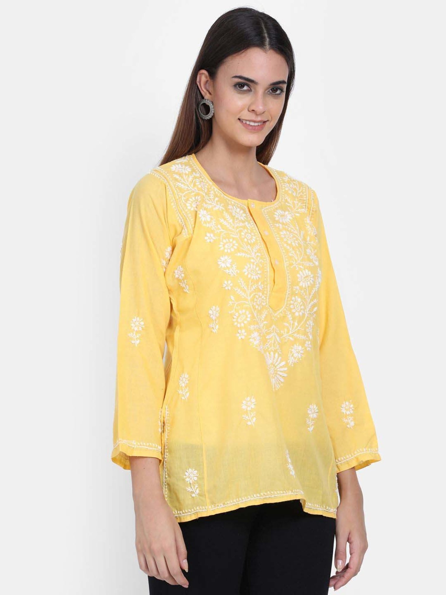 PARAMOUNT CHIKAN Yellow Cotton Chikankari Straight Kurti