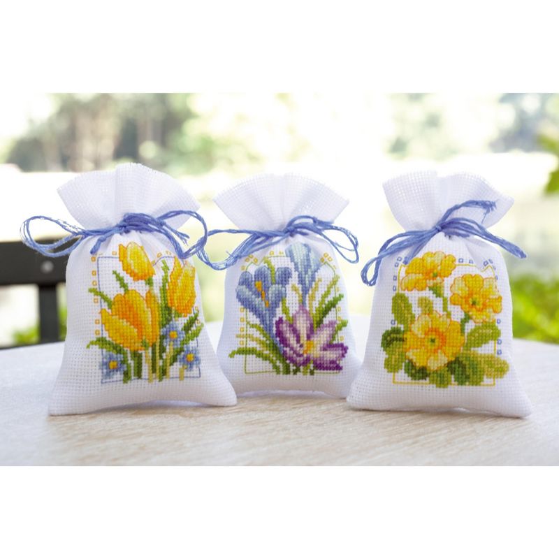 Vervaco Sachet Bags Counted Cross Stitch Kit 3.25"X4.75"-Spring Flowers (18 Count) 3/Pkg