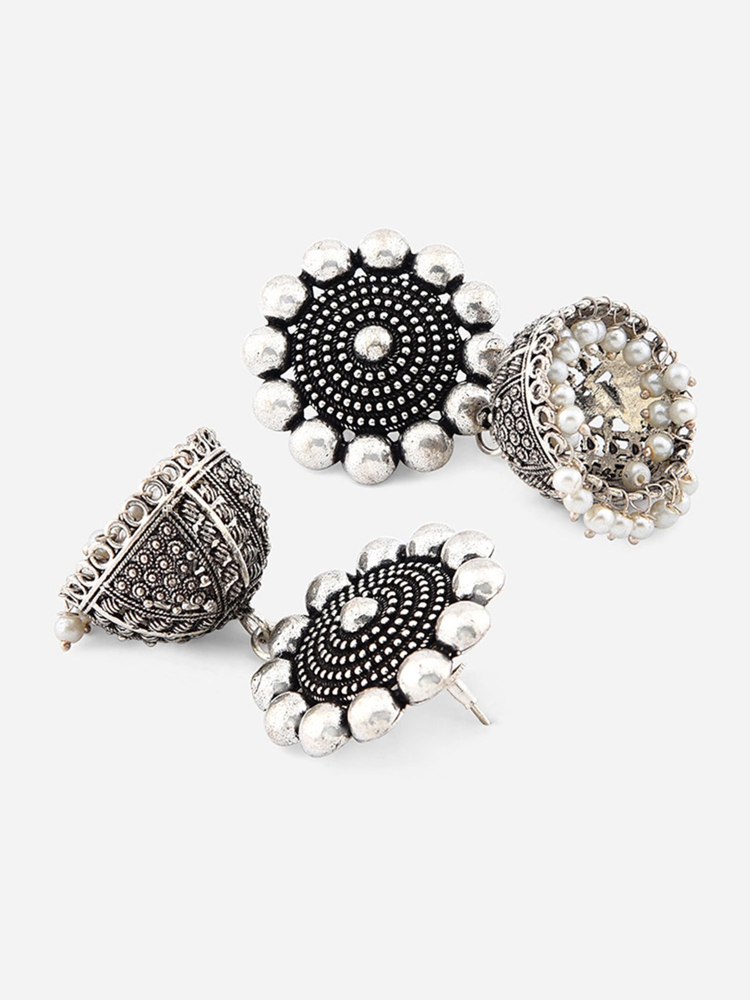 Fida Oxidized Flower Tribal Silver Jhumki