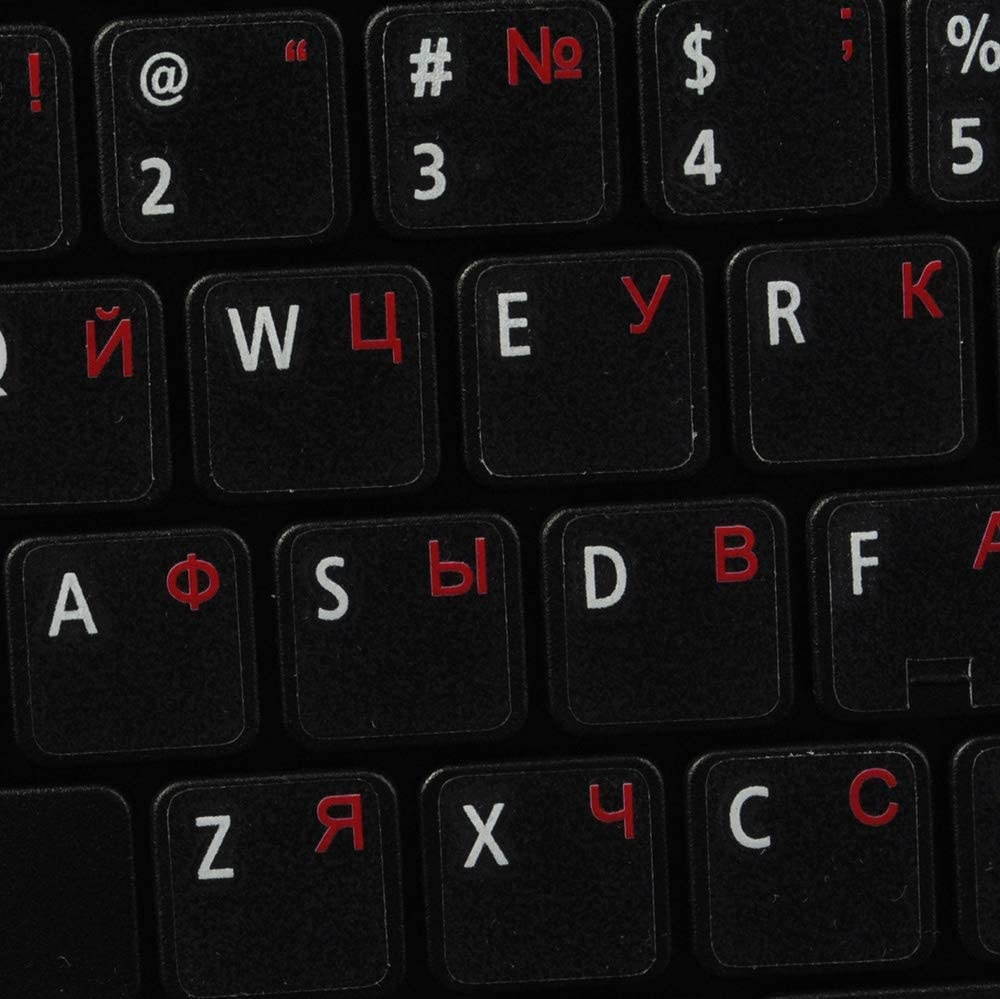 Russian Cyrillic Keyboard Labels Layout ON Transparent Background with Blue, Orange, RED, White OR Yellow Lettering (14X14) (Red)