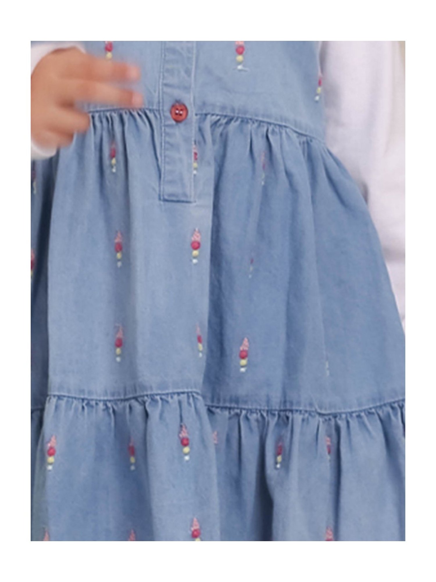 Budding Bees Girls Blue & White Embroidered Full Sleeves T-Shirt with Dungaree Dress
