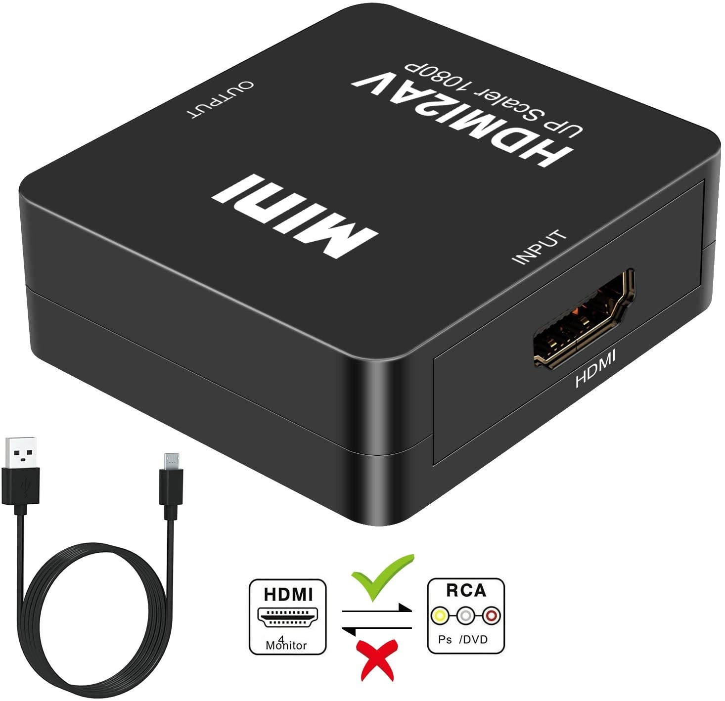 HDMI to RCA, DIGITNOW 1080P Mini HDMI to Analogue AV 3RCA CVBS Composite HD Video Audio Converter Adpter Supports PAL/NTSC with USB Charge Cable for PC Laptop PS4 PS3 Xbox Blue-Ray HDTV Camera DVD