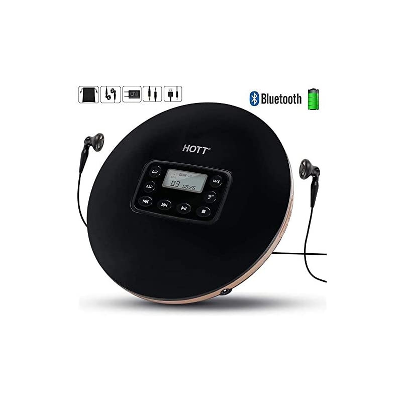Bluetooth Portable CD Player Built-in 1000mah Lithium Battery for Home Travel and Car with Stereo Headphones, Anti Shock Protection - Black