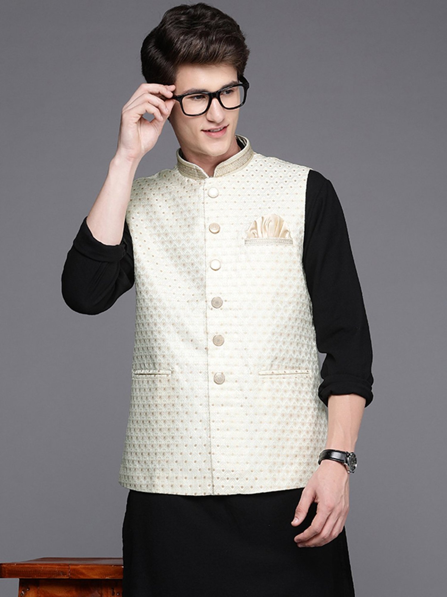 Manyavar Beige Regular Fit Self Design Nehru Jacket