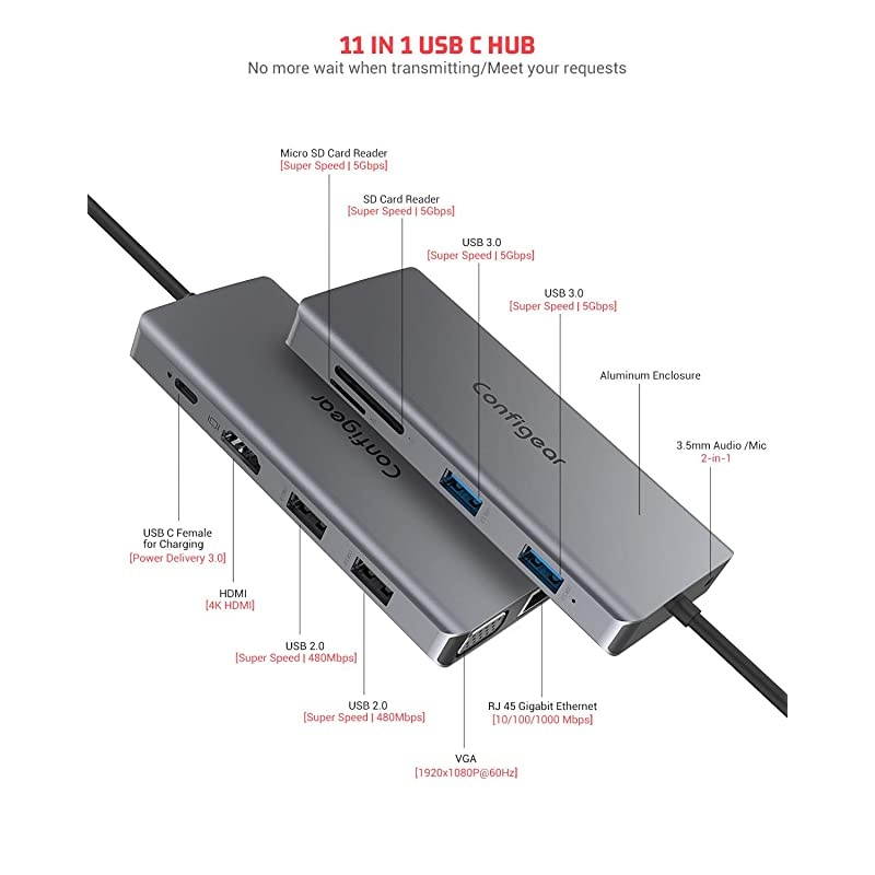 C Hub, C Laptop Docking Station 11 in 1 Multiport Adapter Dongle, 4K C to HDMI, VGA, Ethernet, 100PD, 2 3.0, 2 2.0, Mic/Audio, SD/TF for MacBook Pro Air and More Type C Devices