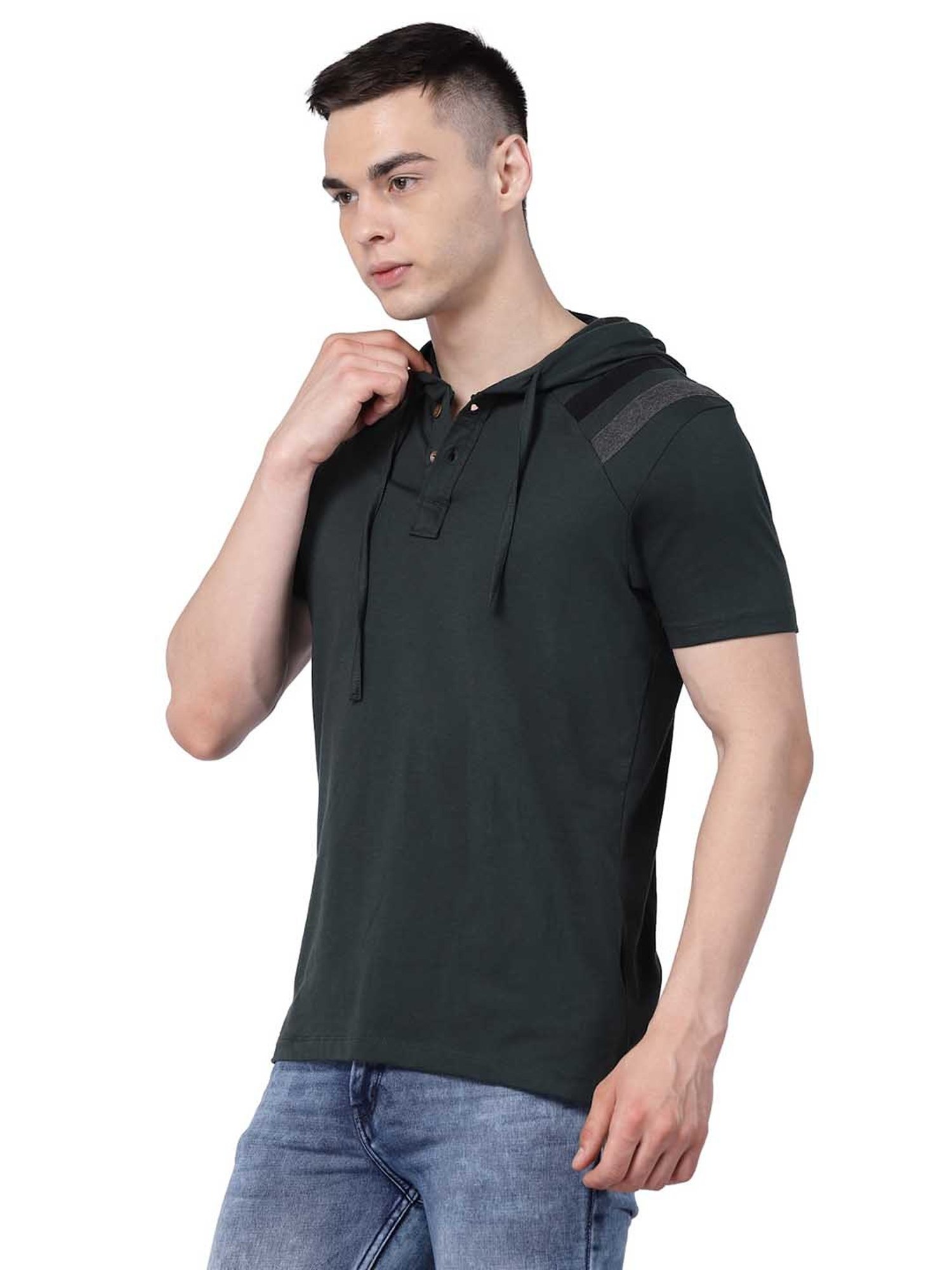 Kalt Dark Green Regular Fit Striped Hooded T-Shirt