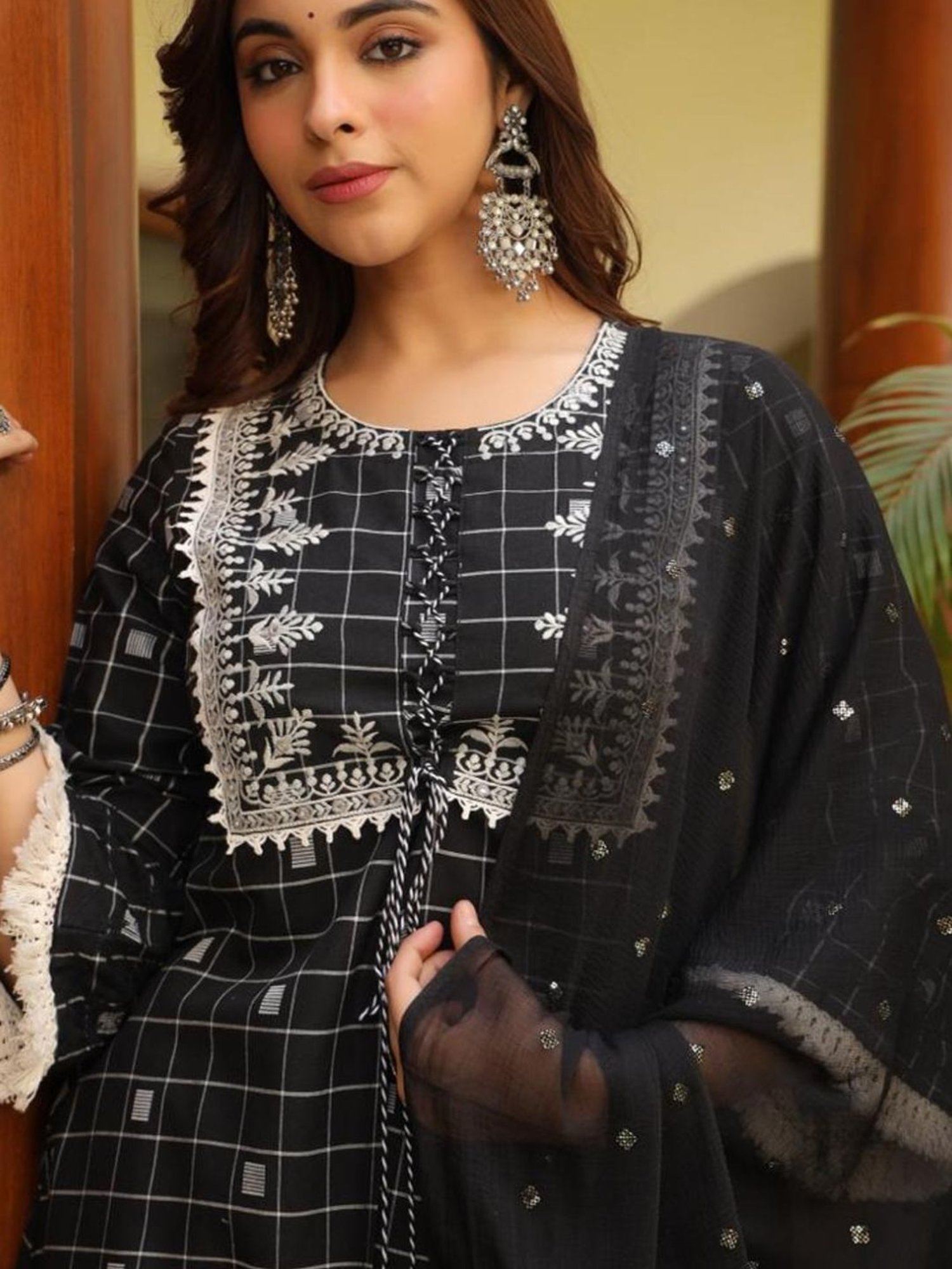 Autumnlane Black Jeena Swish Checks Kurta with Pant and Dupatta