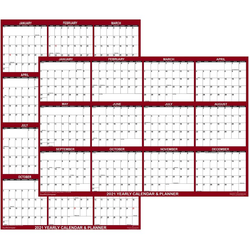 2021 Dry Erase Wall Calendar 32"x48" Maroon Accent - SwiftGlimpse