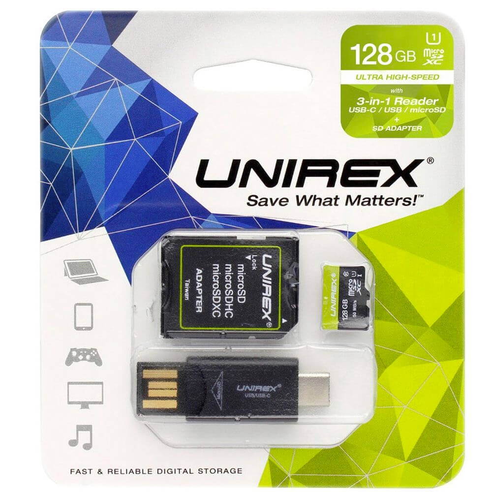 Unirex MTC128M 128GB MicroSD with USB Reader & SD Adapter