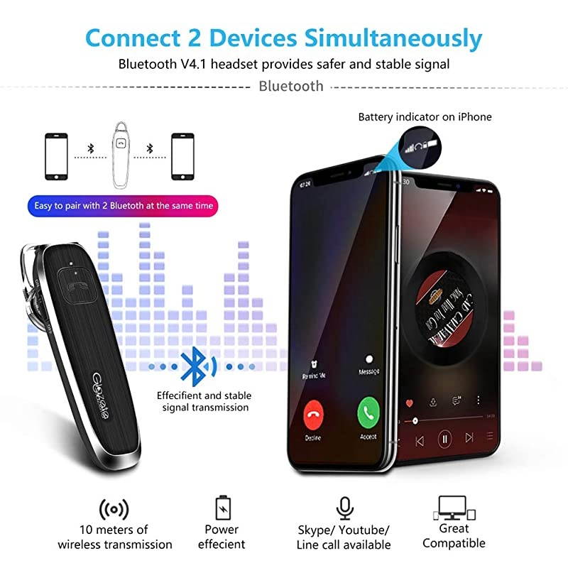 Bluetooth Earpiece Waterproof Wireless Headphone with Noise Cancelling Mic 30Hrs Talking inEar Headset HandsFree for iPhone Samsung DriverTrucker
