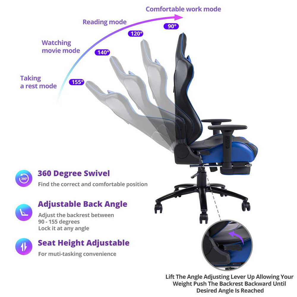 KILLABEE Big and Tall 350lb Massage Gaming Chair Metal Base - Adjustable Massage Lumbar Cushion, Retractable Footrest High Back Ergonomic Leather Racing Computer Desk Executive Office Chair(Blue)