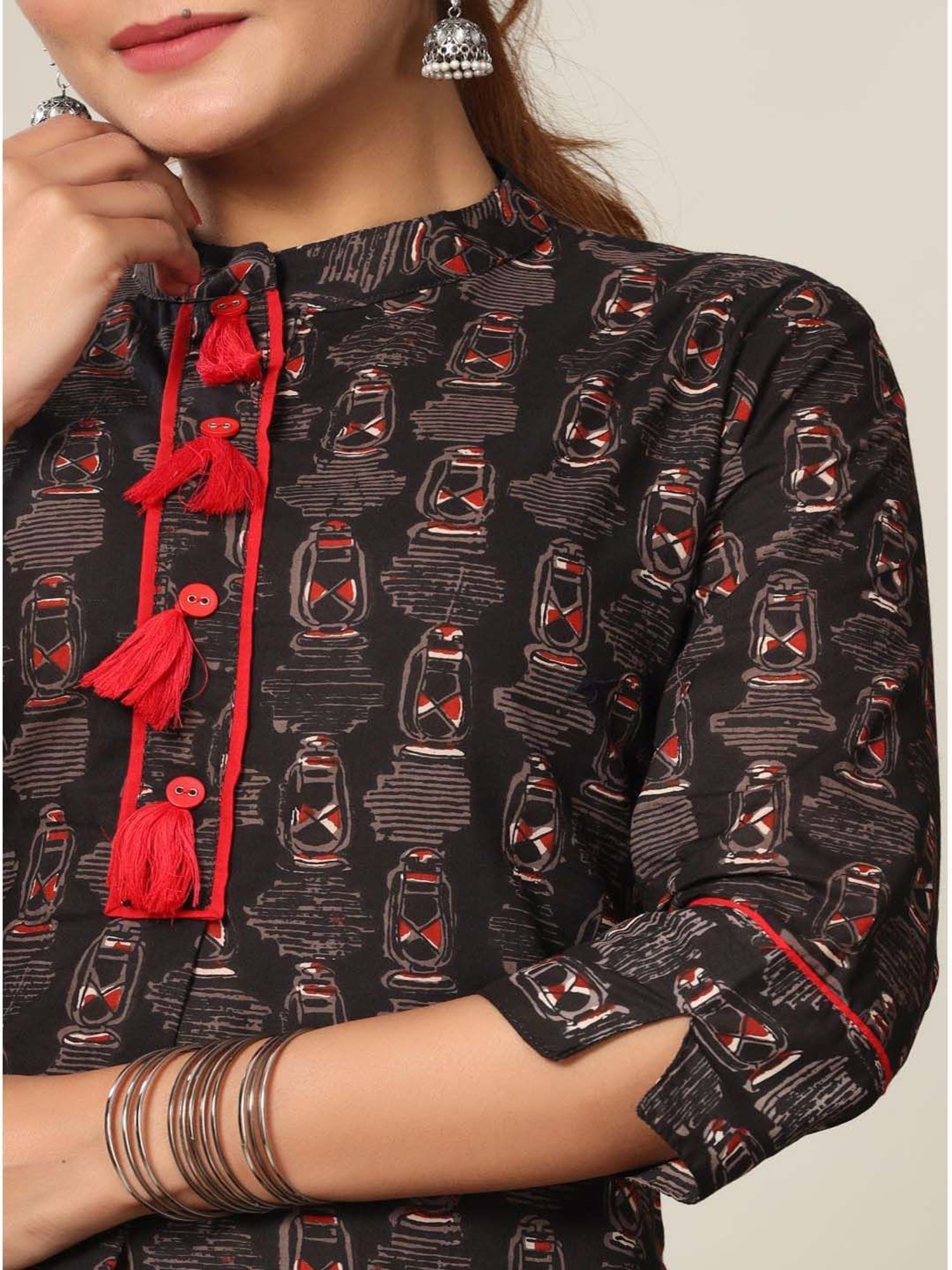 Miravan Black & Red Cotton Printed Kurta Palazzo Set