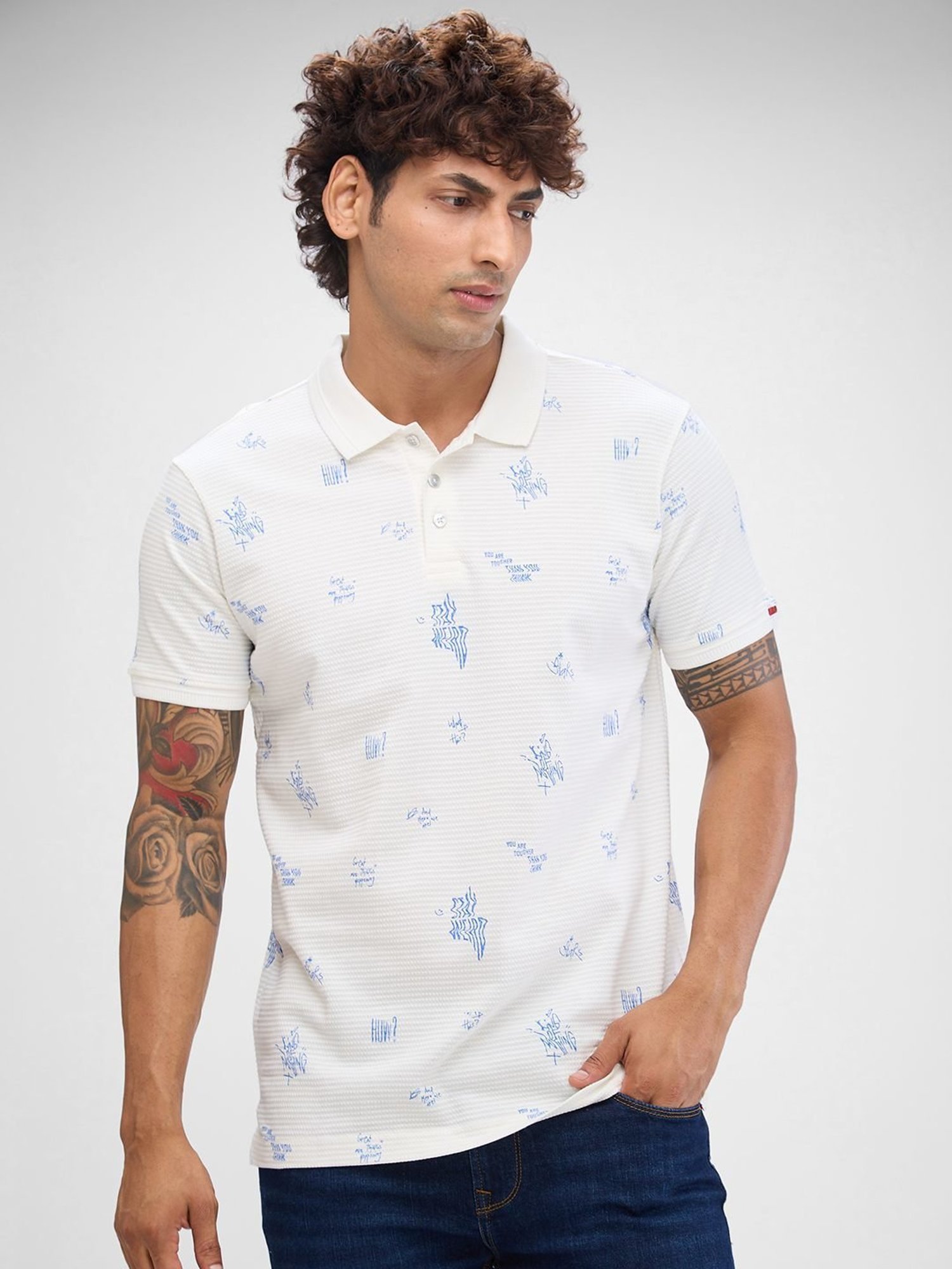Spykar White Slim Fit Printed Polo T-Shirt