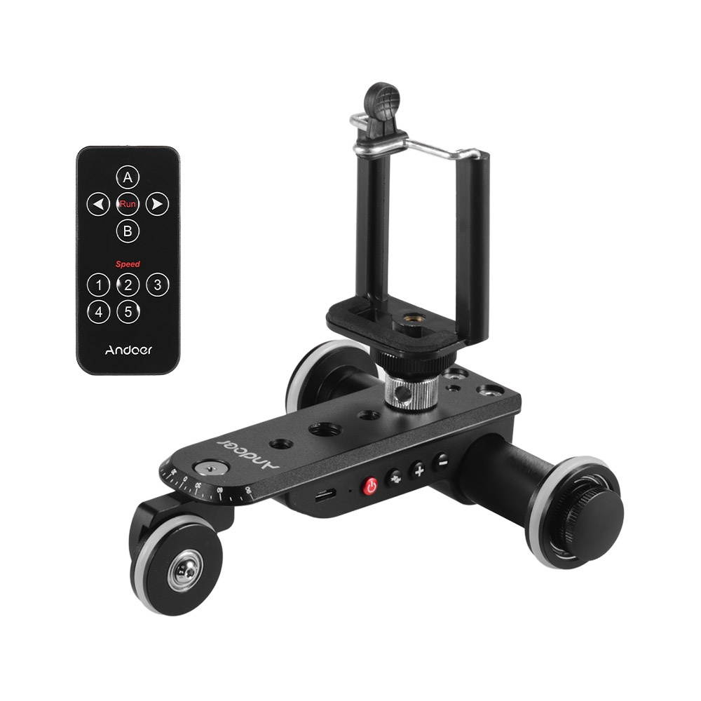 Andoer PPL-06S Pro Auto Dolly Motorized Video Slider Skater 5 Speeds Adjustable Aluminum Alloy Max. Load 4kg with USB Rechargeable Battery 2.4G Remote Control Phone Holder for Smartphone Action Camera