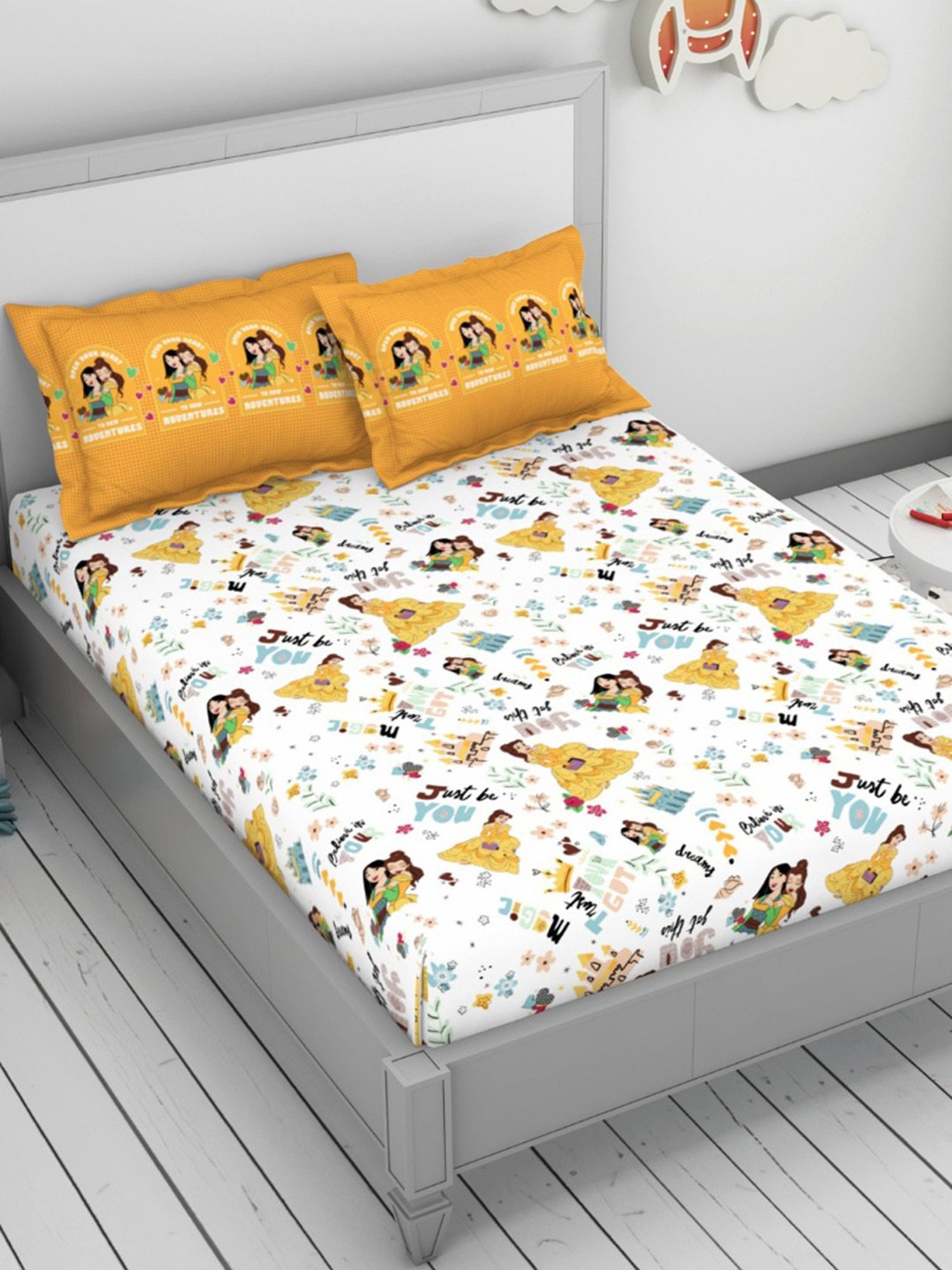 Welspun Disney Princess Printed Yellow 144 TC Cotton Double Bedsheet With 2 Pillow Covers