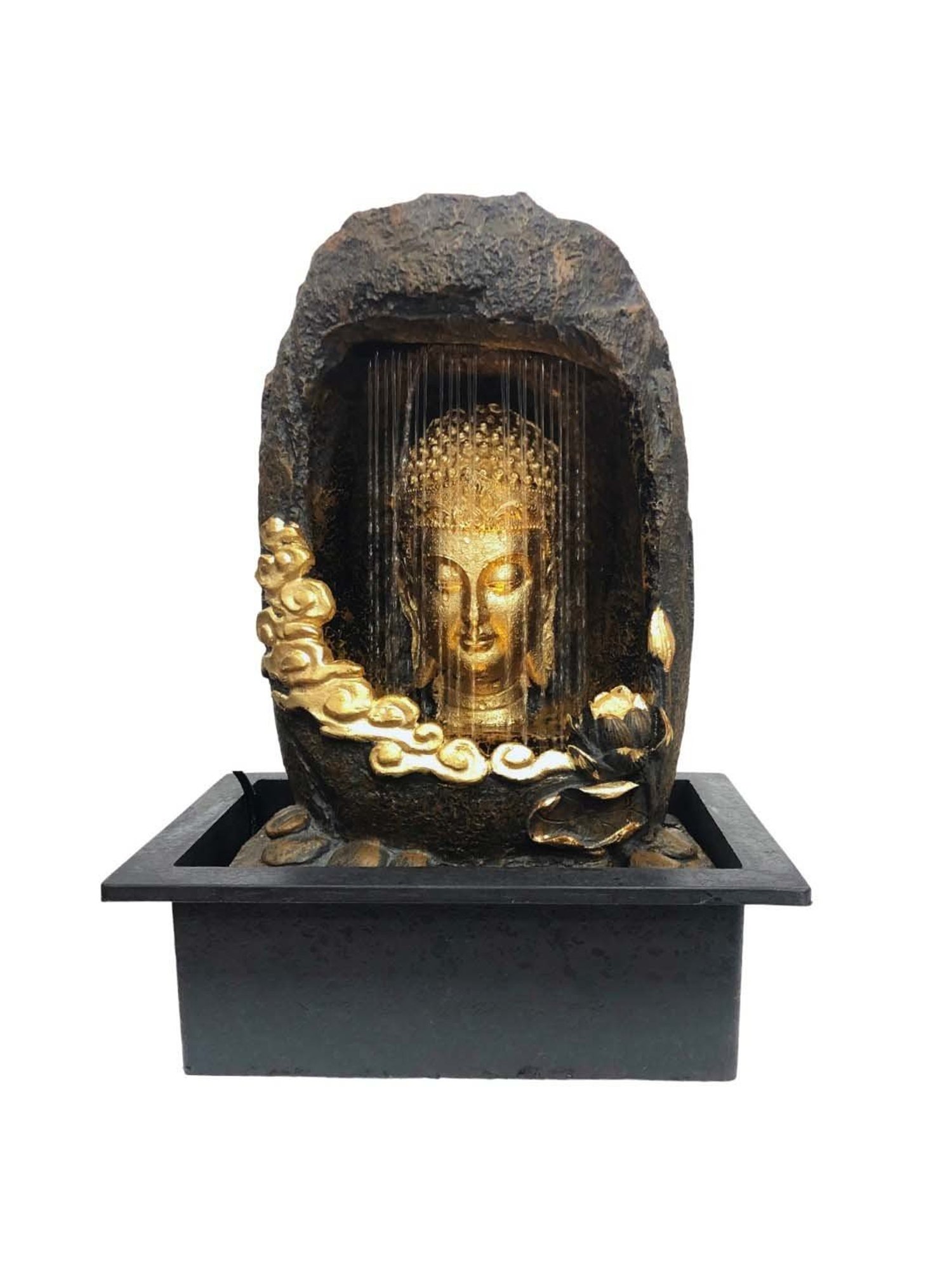 CHRONIKLE Golden & Brown Polyresin Meditating Buddha Sitting In Cave Style Waterfall Fountain