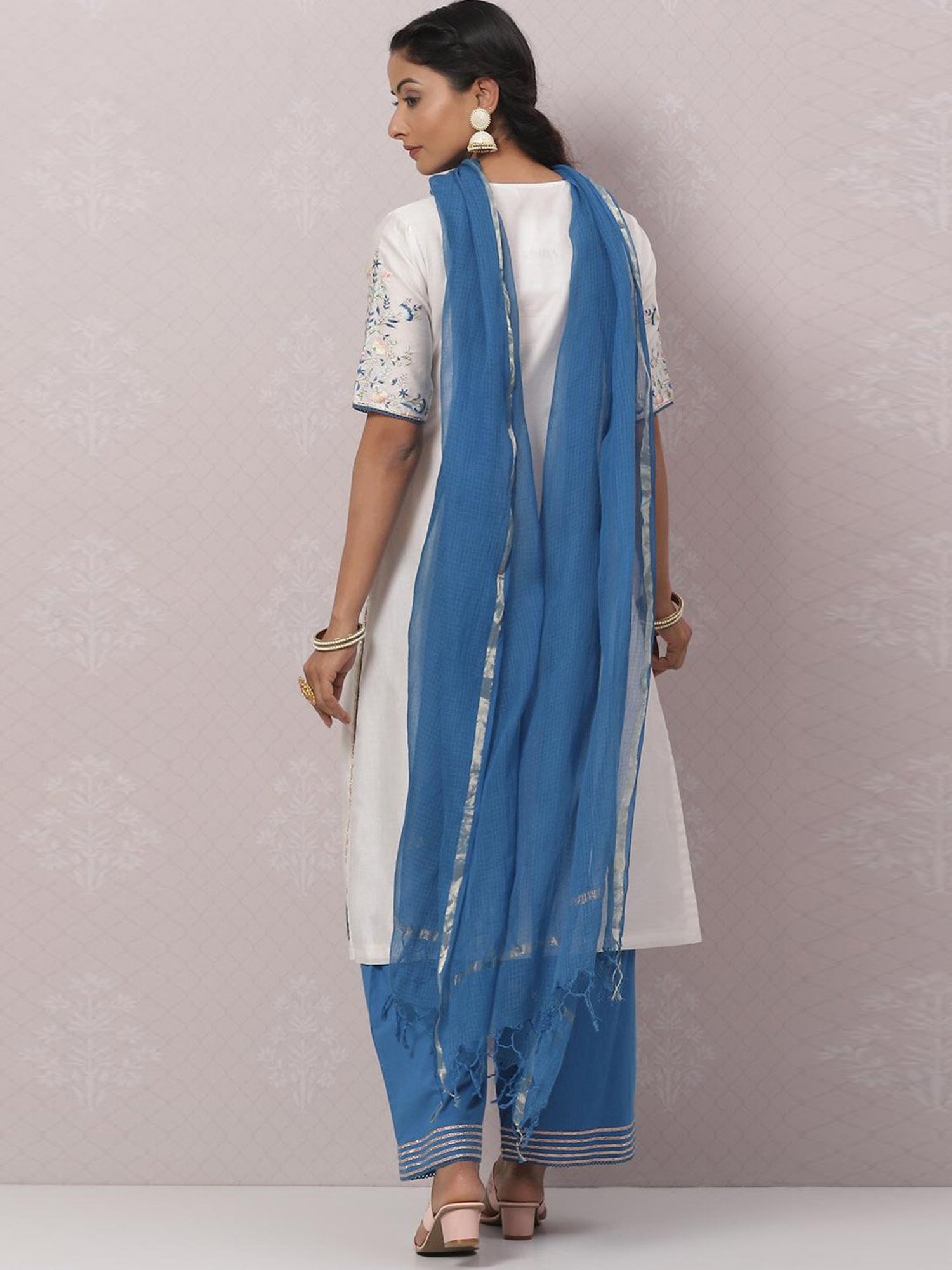Biba White & Blue Embroidered Kurta Palazzo Set With Dupatta