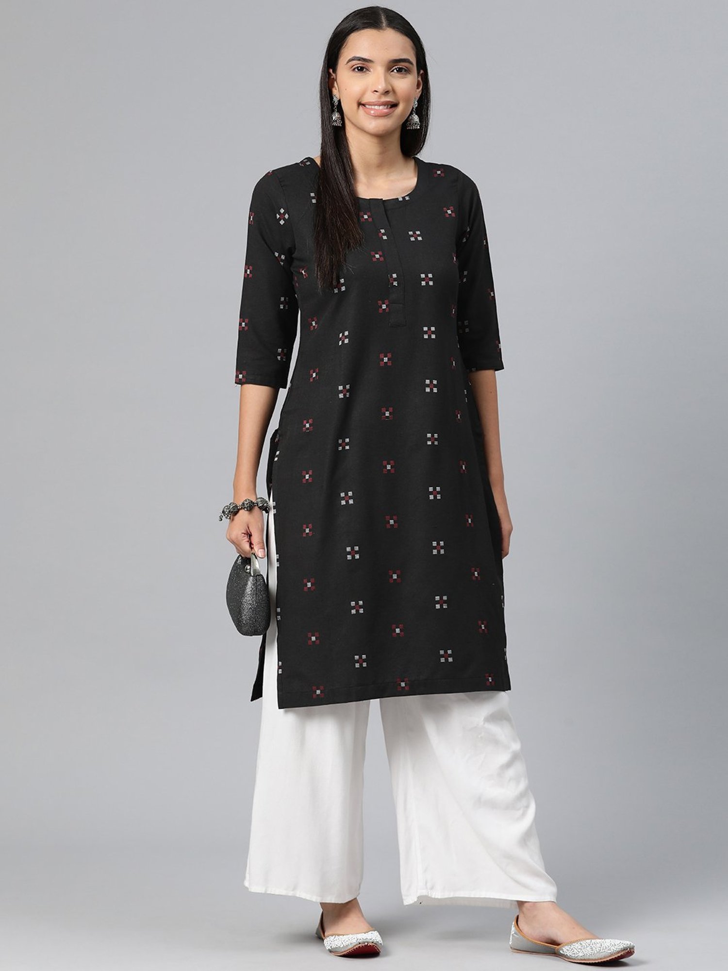 One Femme Black Cotton Self Design A Line Kurti