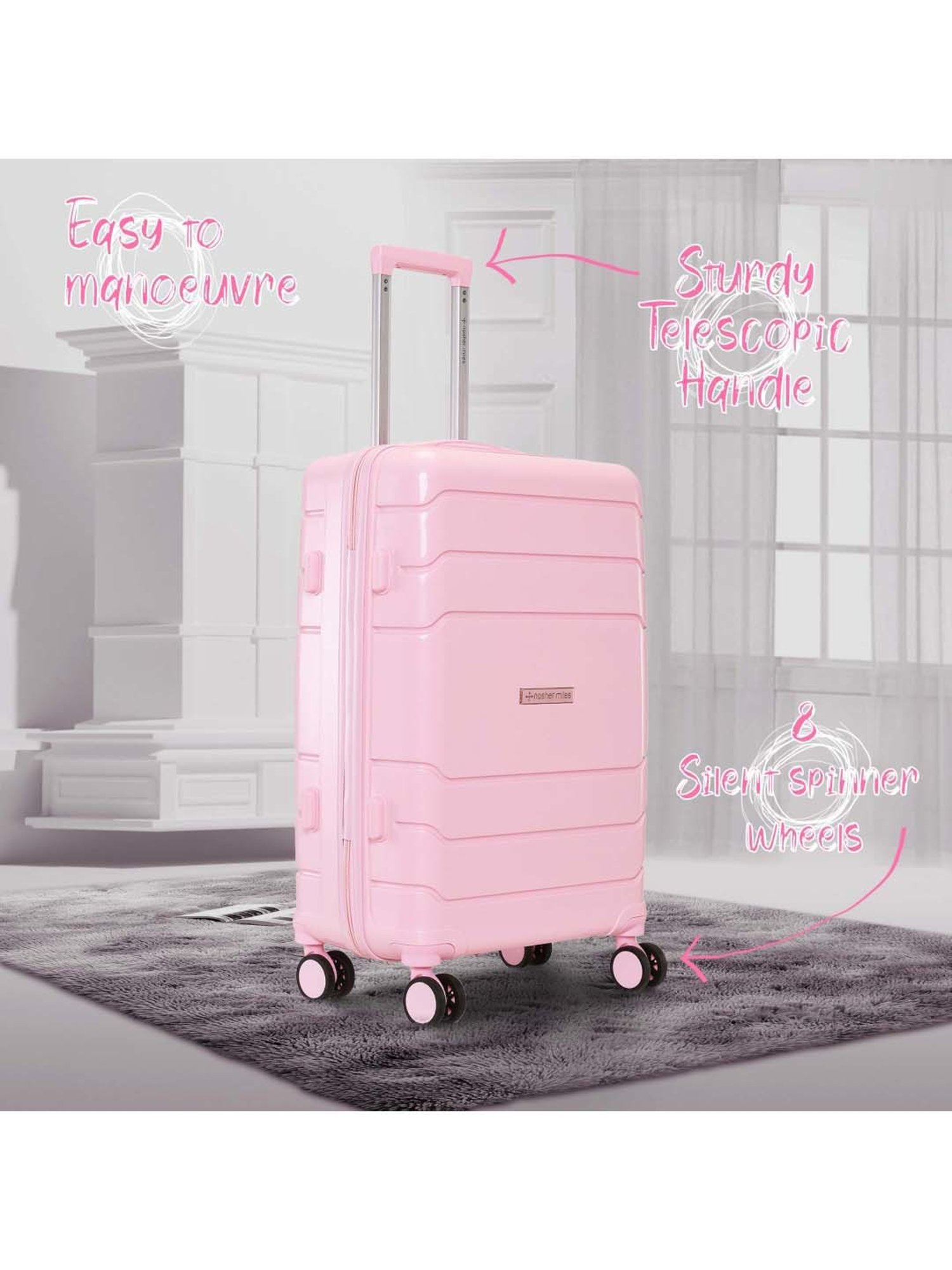 NASHER MILES Lisbon Hard Sided Polypropylene Check-In Luggage Bag Rose Pink 24 Inch|65CM Trolley Bag