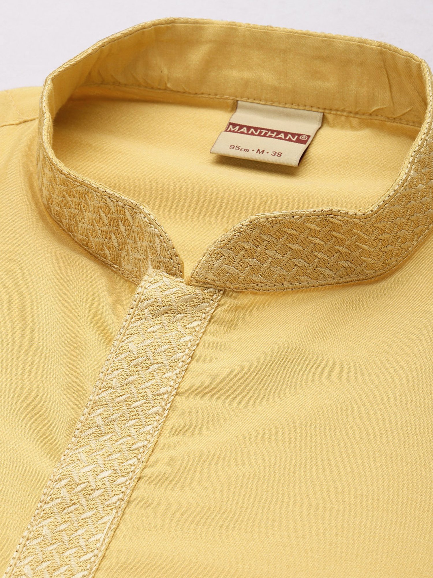 Manthan Fawn Mandarin Collar Self Design Kurta