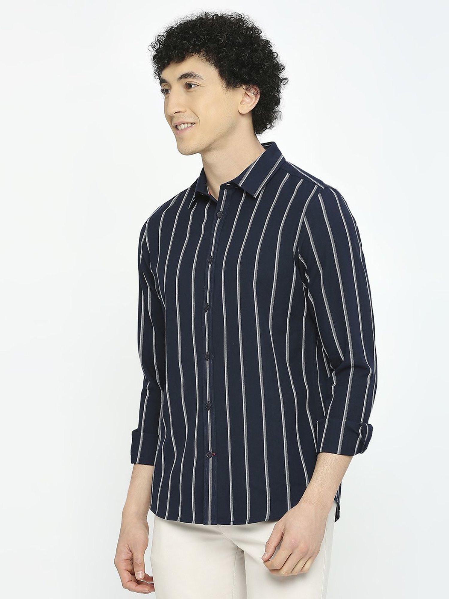 Being Human Dark Blue Slim Fit Striped Shirt