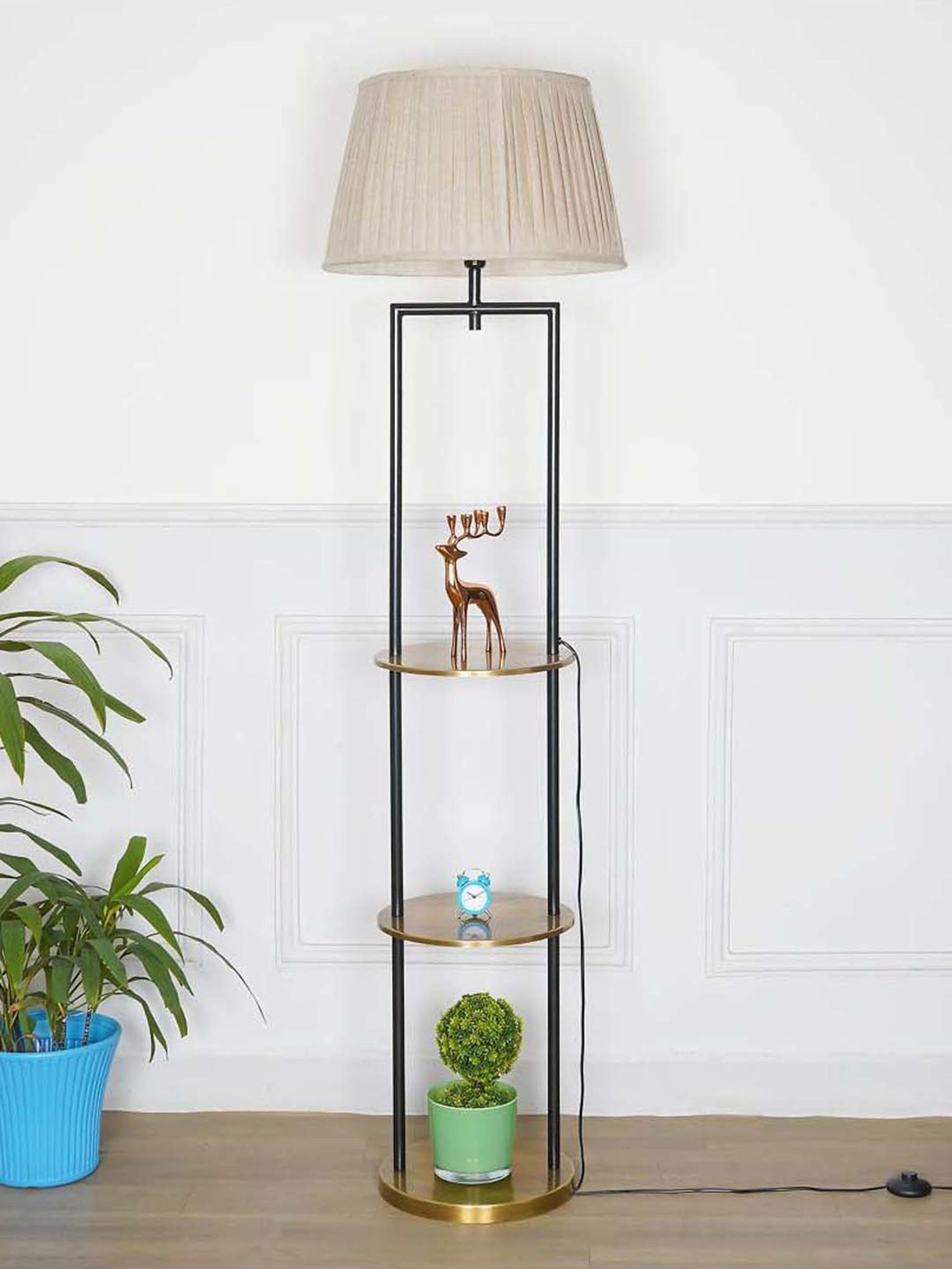 Kapoor E Illuminations Gallow Brass & Black Metal Multiutility Shelf Floor Lamp