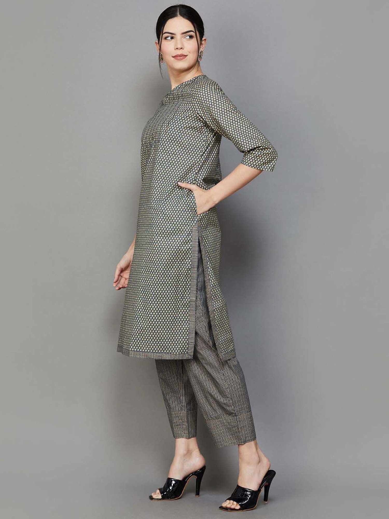 Melange by Lifestyle Black Cotton Printed Kurta Pant Set