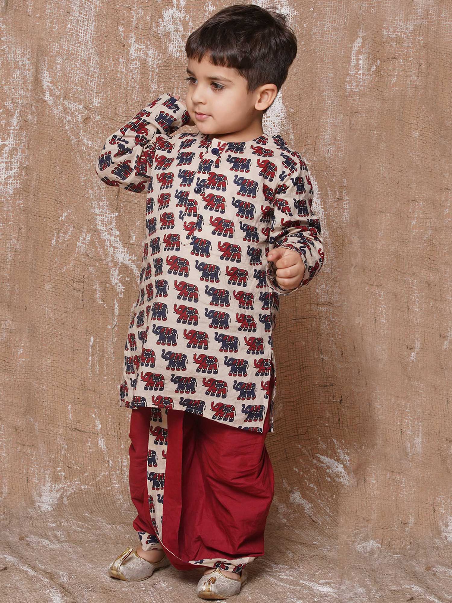 AJ Dezines Kids Beige & Maroon Printed Full Sleeves Kurta with Dhoti