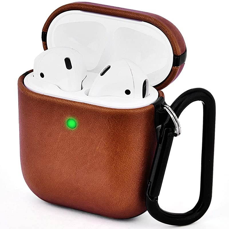 Compatible with Airpods Case, Genuine Leather Airpod Case for Airpods 2 and Airpod 1 [Front LED Visible] Protective Cover Skin Brown