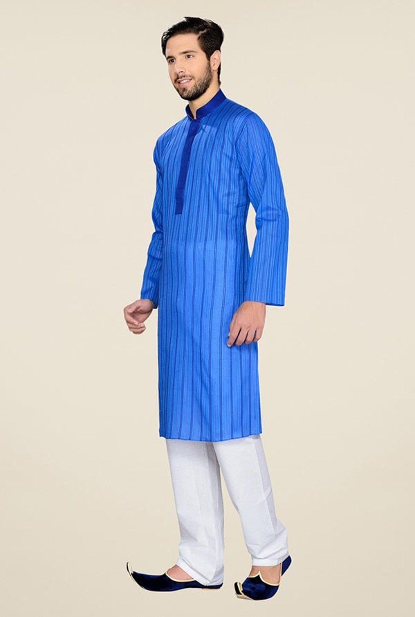 Manyavar Casual Blue Cotton Kurta & Pyjama Set